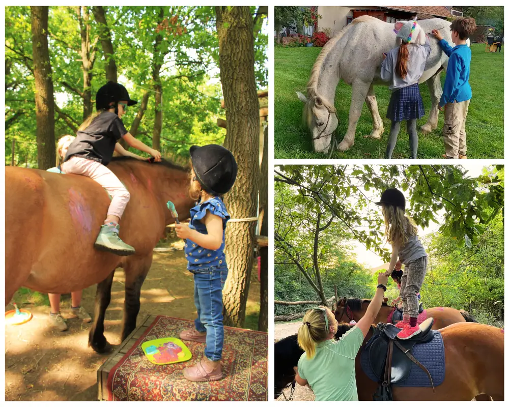 Children having fun painting and riding horses.