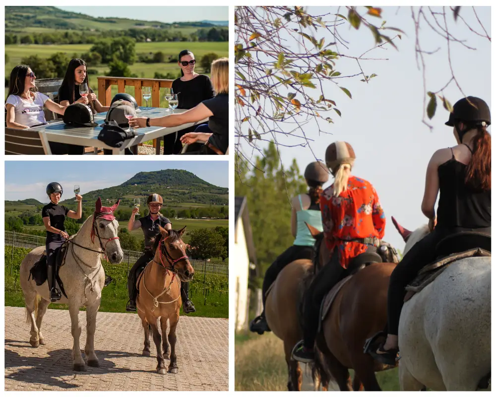 Riders enjoying a glass of wine on a terrace with a beautiful view.